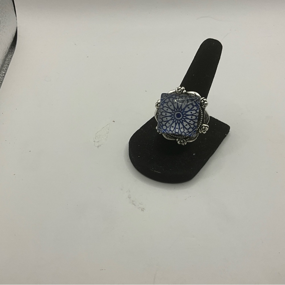 Silver and Blue Geometric Ring
